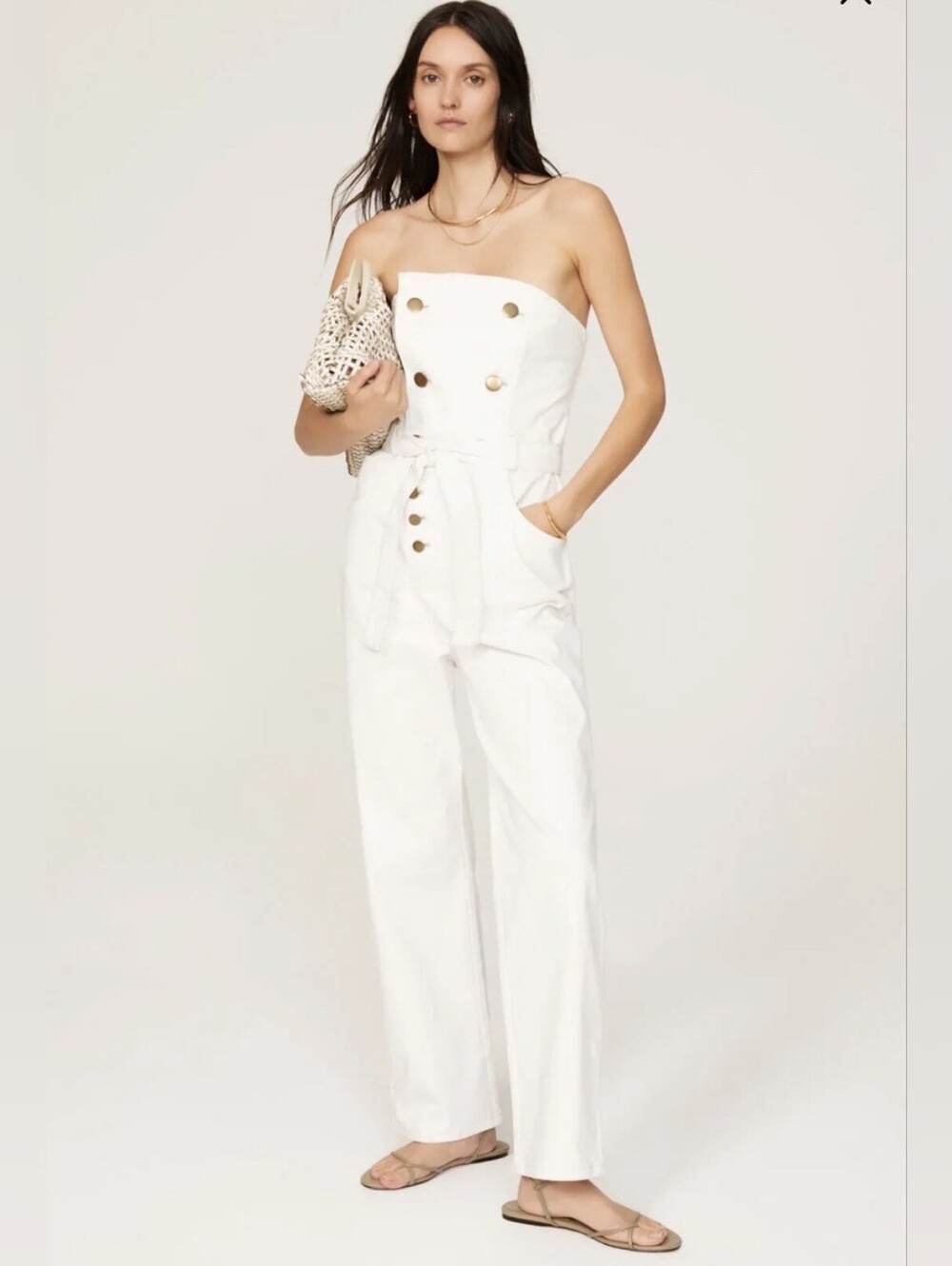 Marissa Webb White Strapless Denim Utility Jumpsuit with Gold Buttons